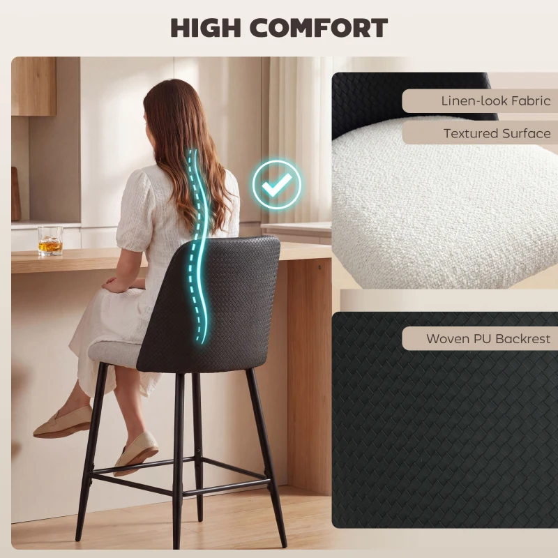 HOMCOM Bar Stools Set of 2, 26" Counter Height Bar Stools with PU Backrest, Linen-look Fabric Seat, Black