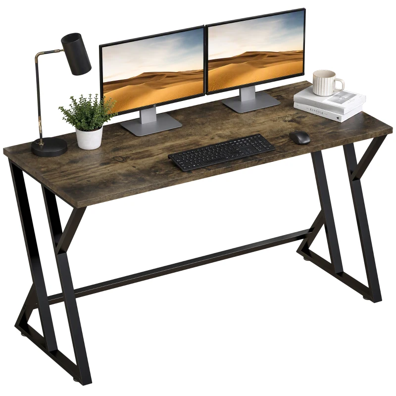 HOMCOM 55 Inch Computer Desk, Industrial Writing Desk with Z-Shaped Metal Leg, Study Table for Home Office, Rustic Brown