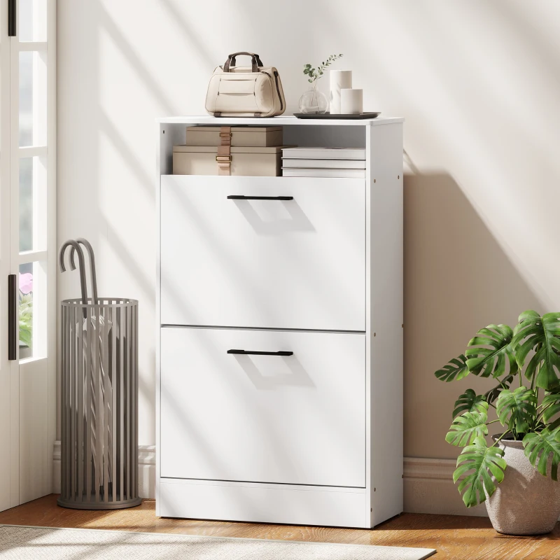 HOMCOM Shoe Cabinet 2 Flip Drawers Adjustable Dividers Shoe Storage Cabinet Top Shelf Entryway White