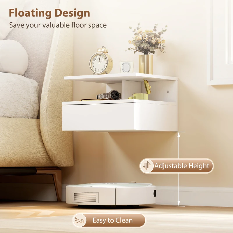 HOMCOM Floating Nightstand Set of 2, Wall Mounted Bedside Table with Drawer and Shelf, Small Night Stand for Bedroom, White