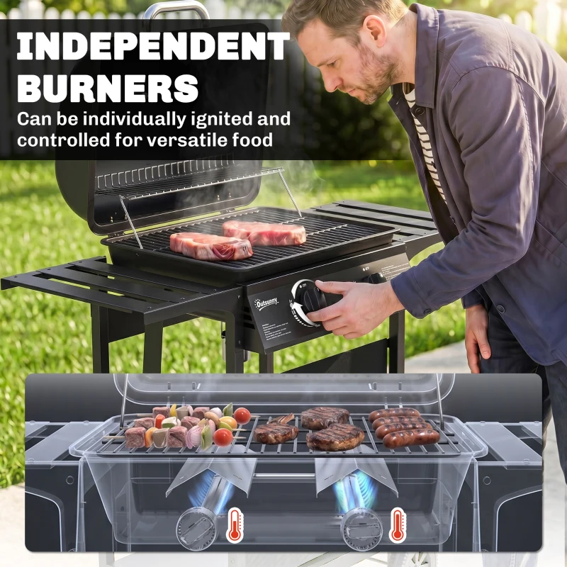 Outsunny 2 Burner Propane Gas Grill, 18000 BTU BBQ Grill with Wheels, Warming Rack, Shelf, Thermometer, Grease Cup, Black