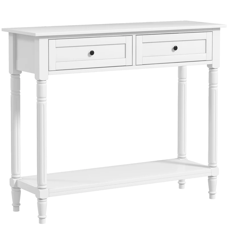 HOMCOM Hallway Console Table, Modern Entryway Table with 2 Drawers, Storage Shelf, Turned Legs for Living Room, Bedroom, White
