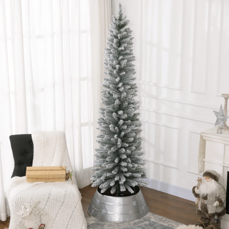 HOMCOM 7ft Artificial Christmas Tree, Snow Flocked Branches, Metal Base, Pencil Xmas Tree