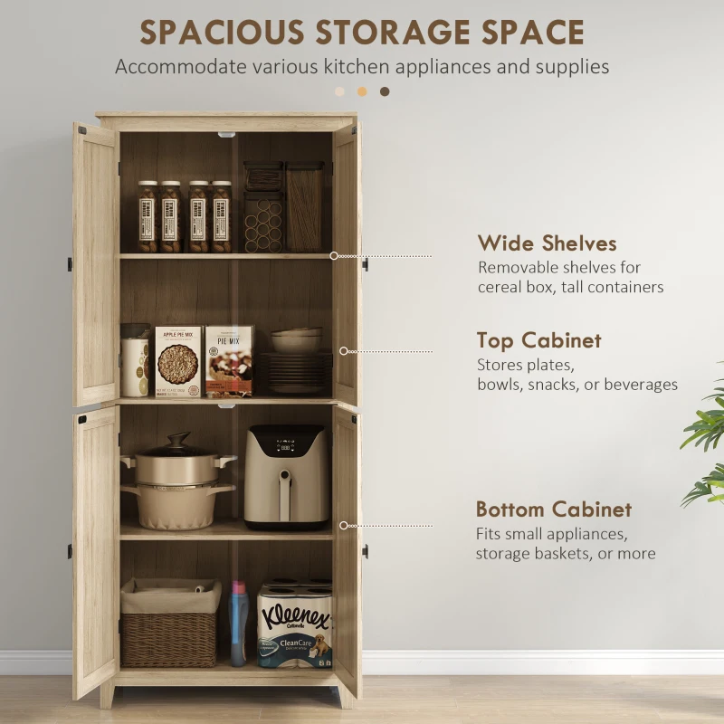 HOMCOM 72" Freestanding Kitchen Pantry Cabinet, Farmhouse Tall Storage Cabinet with 4 Door Cabinets and Adjustable Shelves for Dining Room, Natural