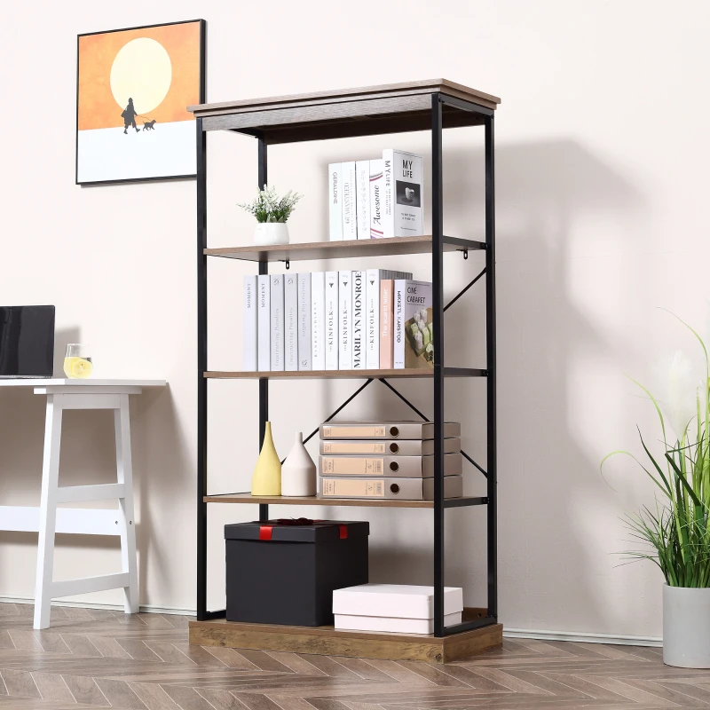 HOMCOM 4-Tier Industrial Modern Style Open Standing Bookshelf Organizer Storage Rack for Living Room, Bedroom, Brown / Black