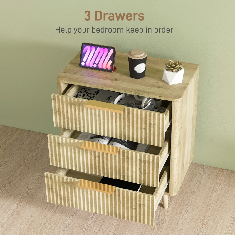 HOMCOM Fluted Chest of Drawers, Modern 3 Drawer Dresser with Pine Wood Legs, Finger Pulls for Closet, Living Room, Hallway, Oak