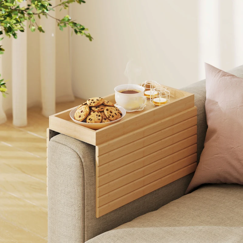 HOMCOM Bamboo Couch Arm Tray, Sofa Armrest Tray with Flexible Roll-up Design and Wide Compartment, Natural