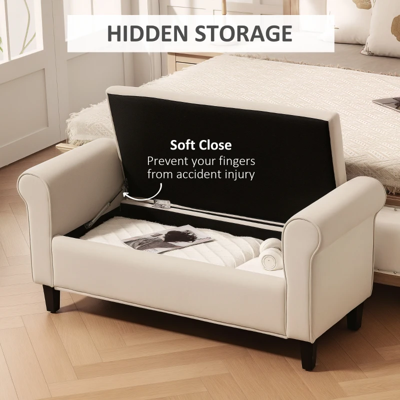 HOMCOM 50 Inches Storage Ottoman, Upholstered Bedroom Bench with Rolled Arms and Button Tufted Storage, Beige