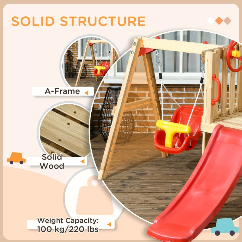Outsunny 4-in-1 Wooden Swing Set with Swing, Slide, Horn, Steering Wheel, Red