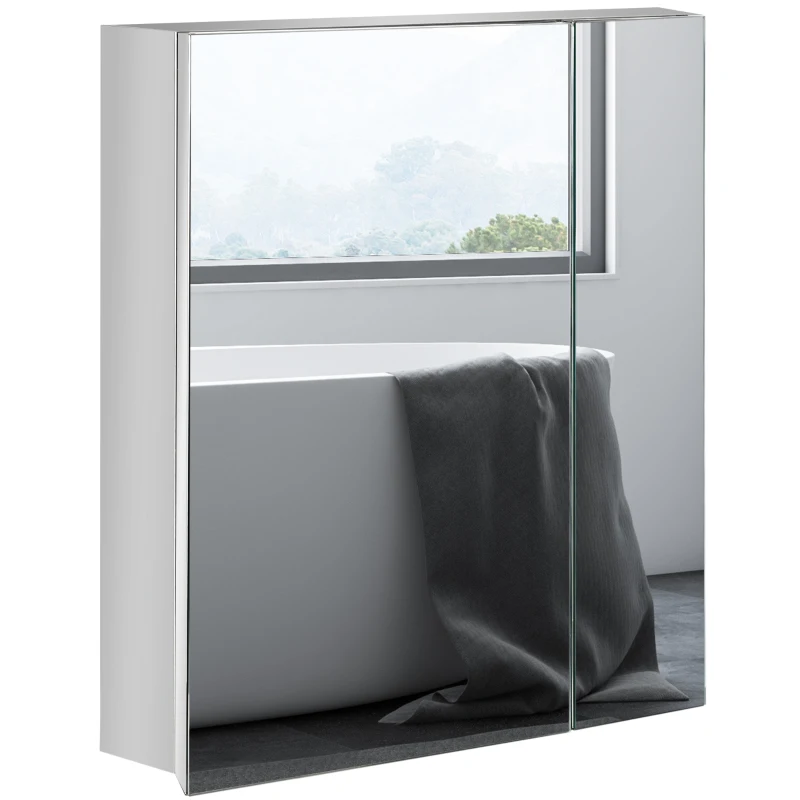 kleankin Wall Mounted Medicine Cabinet with Mirror Wall Mirror Cabinet with Hinged Doors 3-Tier Storage Shelves Silver
