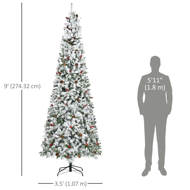 HOMCOM 9-foot Pencil Snow Flocked Artificial Christmas Tree with 1350 Pine Realistic Branches, Pine Cones, Red Berries, Auto Open, Green
