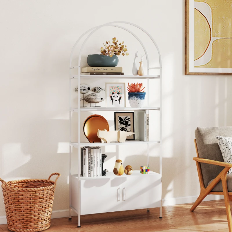 HOMCOM 4-Tier Arched Shelving Unit with Cabinet, Bookshelf for Living Room, Office, 31.5" x 11.8" x 73.6", White