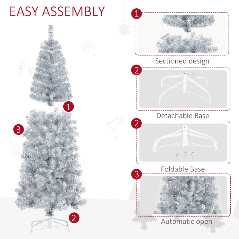 HOMCOM 6' Tall Unlit Slim Douglas Fir Artificial Christmas Tree with Realistic Branches, and 618 Tips, Silver