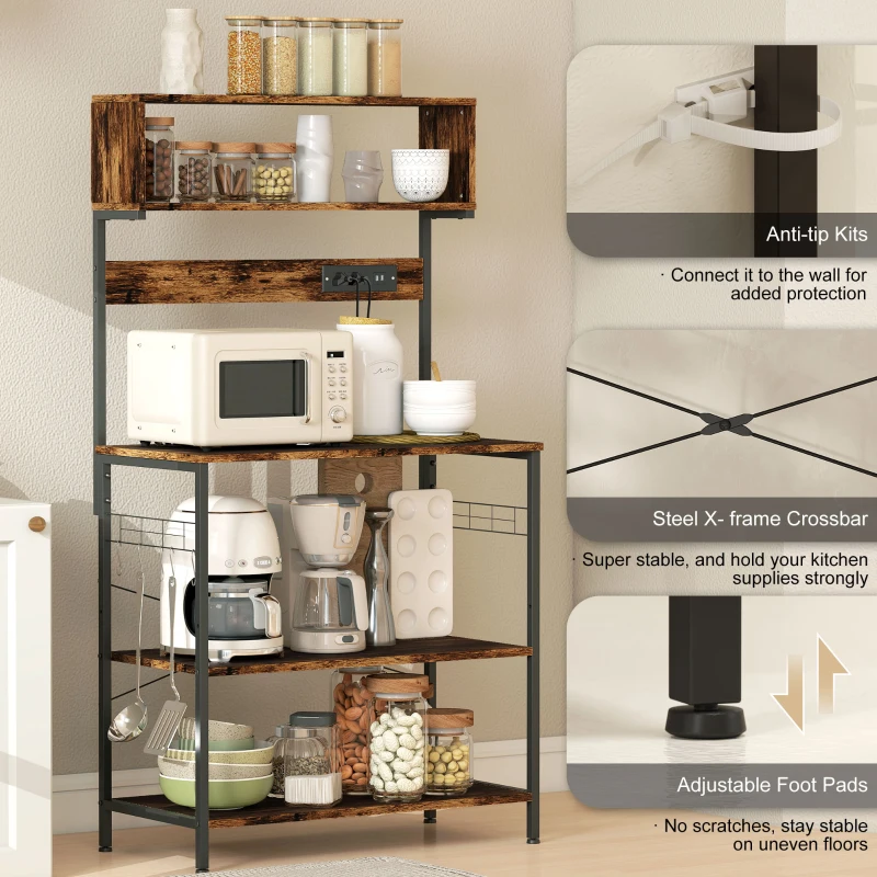 HOMCOM Baker's Rack with Charing Station, Microwave Shelf with Power Outlet, USB Charger and 5 Hooks, Rustic Brown