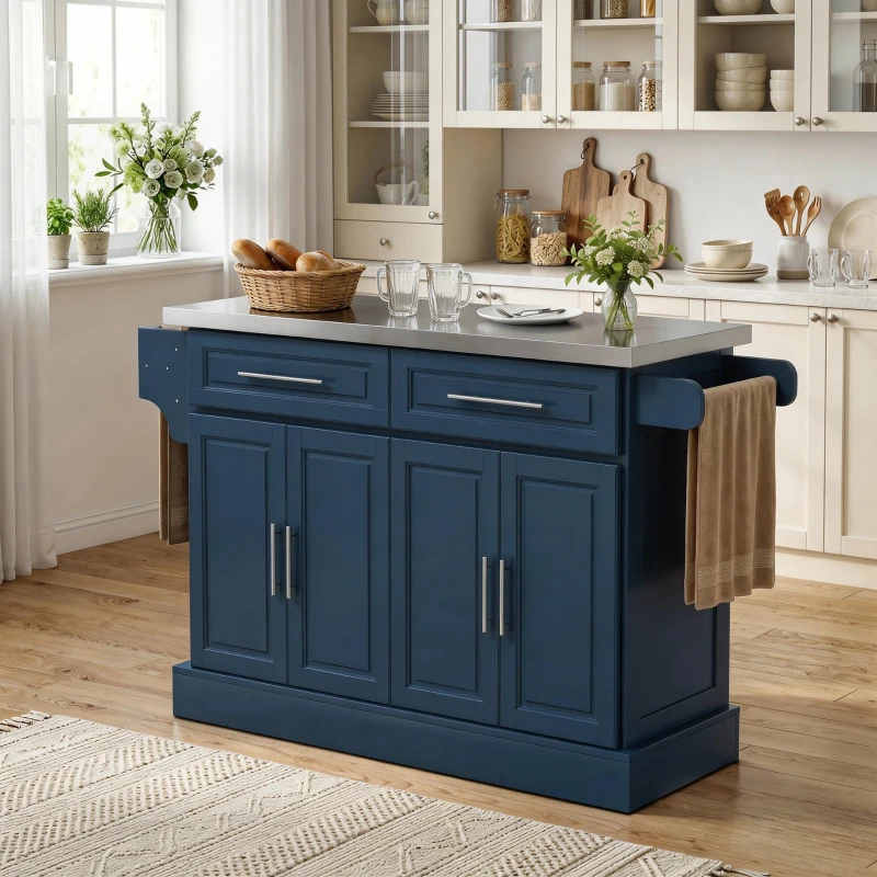 HOMCOM Rolling Kitchen Island with Stainless Steel Top, 2 Drawers, Spice, Knife and Towel Rack and Cabinets, Navy Blue