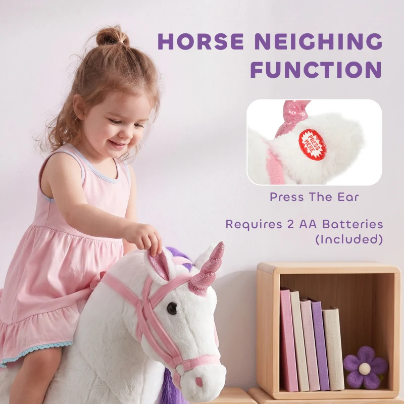Qaba Ride on Horse for Kids 2+ Years, Toddler Riding Horse with Neighing, Stuffed Animal Horse Toy with Padding, White