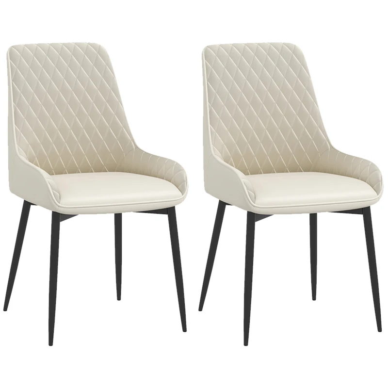 HOMCOM Upholstered Kitchen Chairs, Modern Dining Chairs Set of 2 with Diamond Tufting and Steel Legs for Dining Room, Cream White