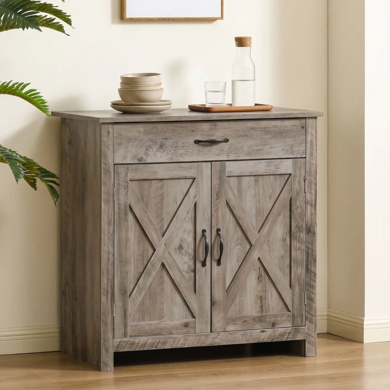 HOMCOM Farmhouse Sideboard Buffet Cabinet, Barn Door Coffee Bar Cabinet with Drawer and Adjustable Shelf for Kitchen, Living Room, Entryway, Gray
