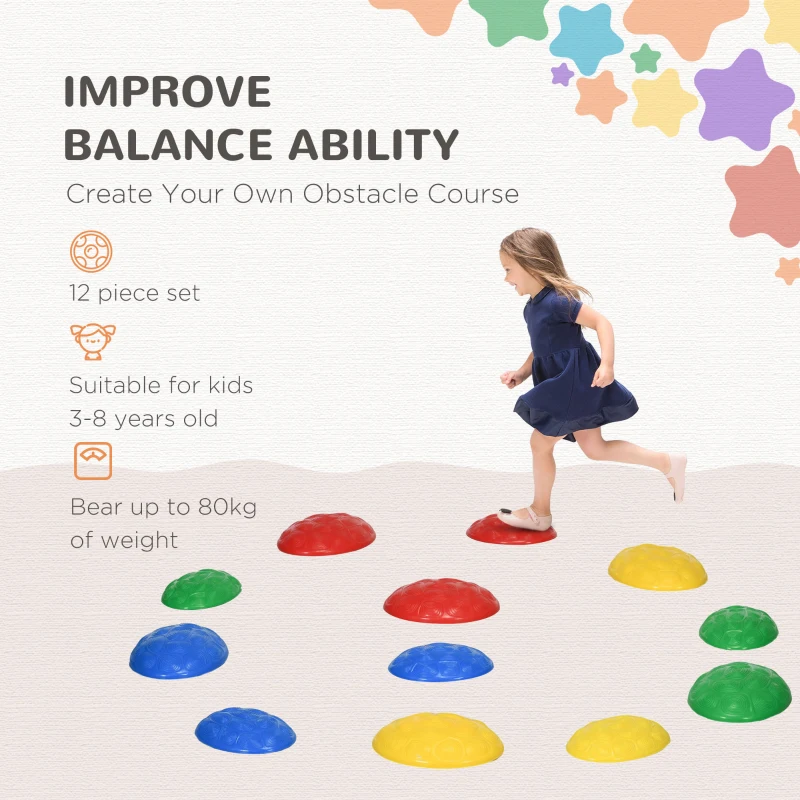 Outsunny 12 PCs Balance Stepping Stones for Kids with Anti-slip Mat, Turtle Shell Design, for Ages 3-8 Years, Stackable