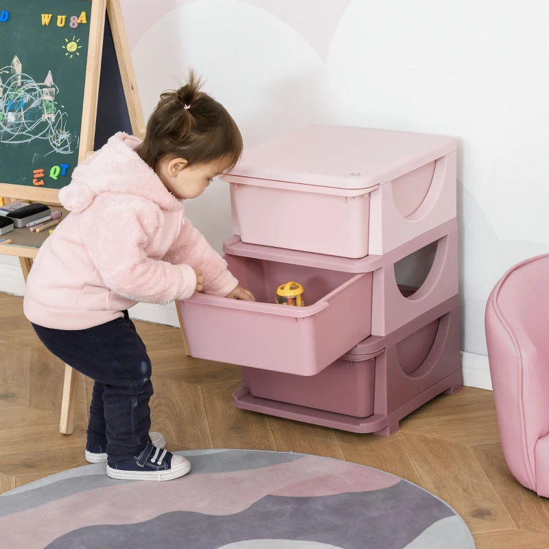 Qaba 3 Drawers Kids Storage Unit, 3 Tier Stackable Toy Organizers and Storage Chest for Bedroom, Nursery, Playroom, Living Room, Boys, Girls, Toddlers, Pink