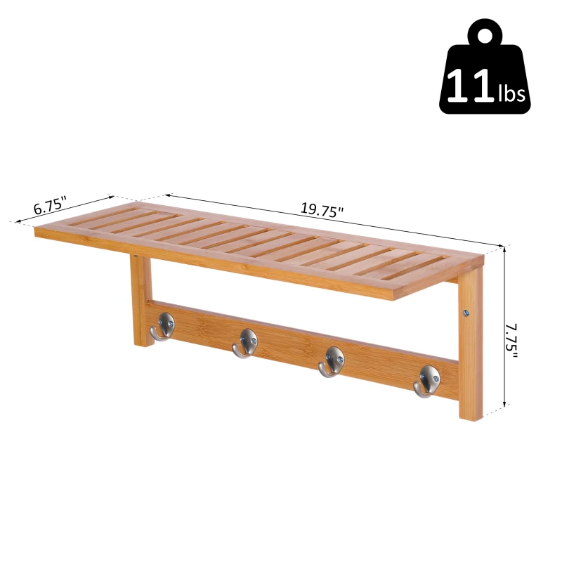 HOMCOM 20" Wall-mounted Entryway Coat Rack Bamboo Wall Shelf Organizer with 4 hooks