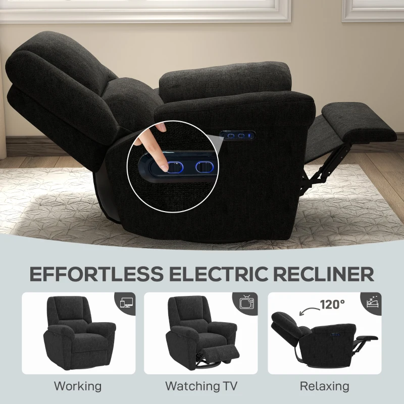 HOMCOM Power Recliner Chair, Fabric Upholstered Recliner Chair with USB Ports, Swivel and Rocking Function, Footrest, Black
