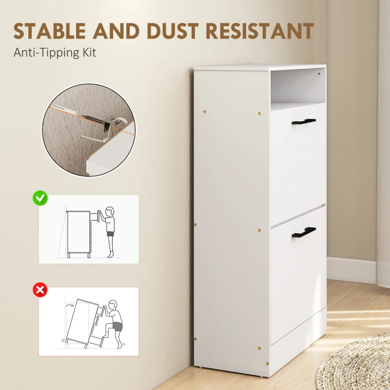 HOMCOM Shoe Cabinet 2 Flip Drawers Adjustable Dividers Shoe Storage Cabinet Top Shelf Entryway White