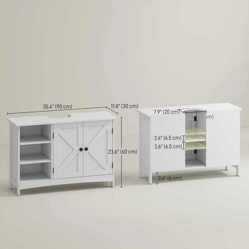 HOMCOM Bathroom Vanity Cabinet, Under Sink Storage Cabinet with Double Doors, Open and Adjustable Shelves, White