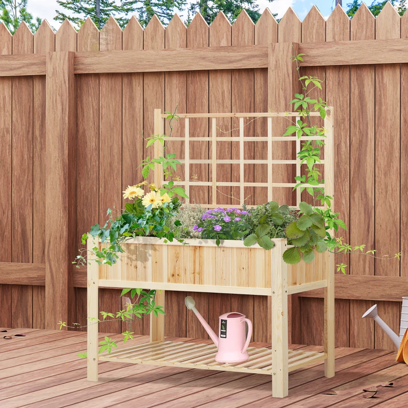 Outsunny 47" Wooden Raised Garden Bed with Trellis, Coutryside Style Elevated Planter Box Stand with Open Storage Shelf, Spacious Planting Area for Vegetables, Herbs, Flowers