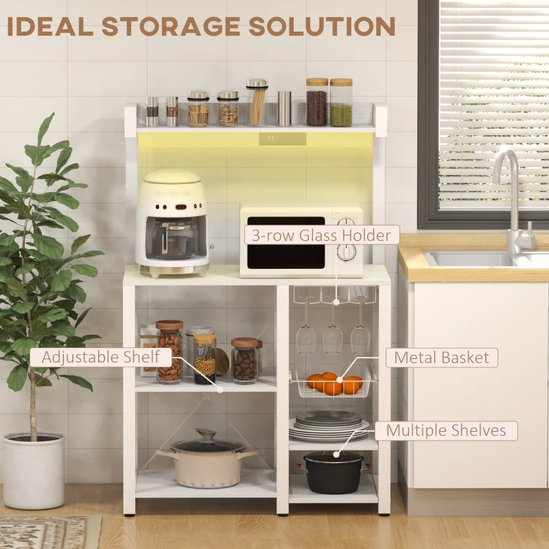HOMCOM Industrial Kitchen Bakers Rack with Charging Station, RGB Lights, Glass Holders and Open Shelves, White