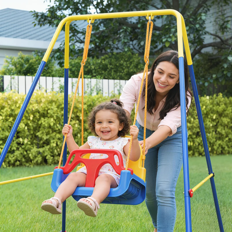 Qaba 3 in 1 Toddler Swing Set, Folding Child Swing Set with Seat Belt, Adjustable Seat for Outdoor Indoor, Blue