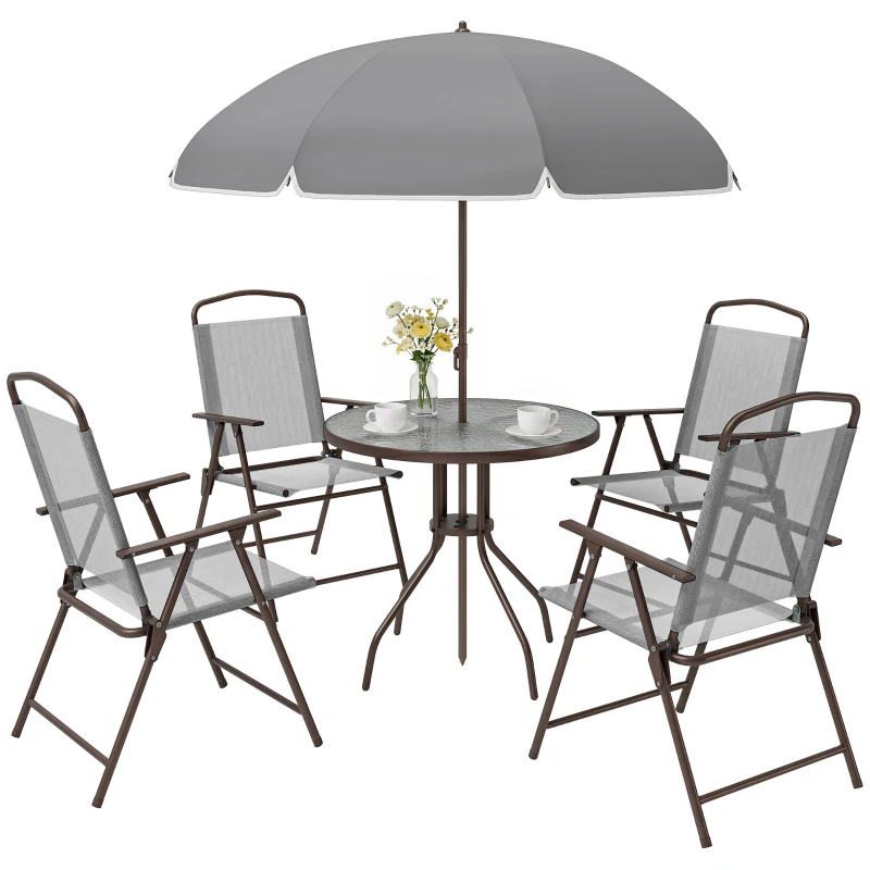Outsunny 6 Piece Patio Dining Set for 4 with Umbrella, with 4 Folding Dining Chairs & Round Glass Table for Garden, Gray