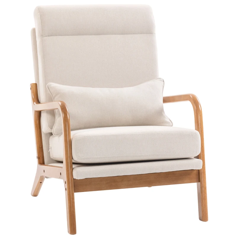 HOMCOM Modern Accent Chair, Linen Armchair with Lumbar Pillow, High Back, Wide Seat, Thick Cushion, Solid Wood Frame, Cream White