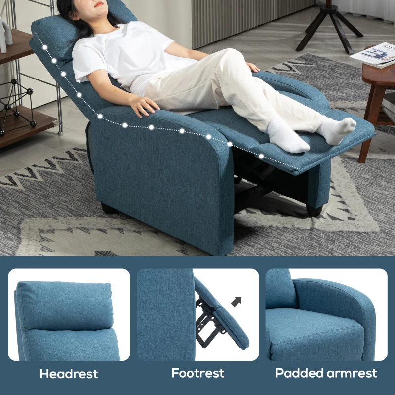 HOMCOM Fabric Recliner Chair Manual Home Theater Seating Single Reclining Sofa Chair with Padded Seat for Living Room, Blue