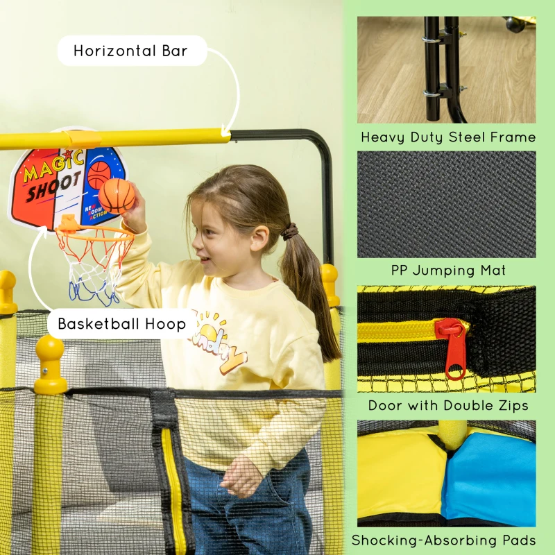 Qaba 4.6' Kids Trampoline with Basketball Hoop, Horizontal Bar, 55" Indoor Trampoline with Net, Yellow