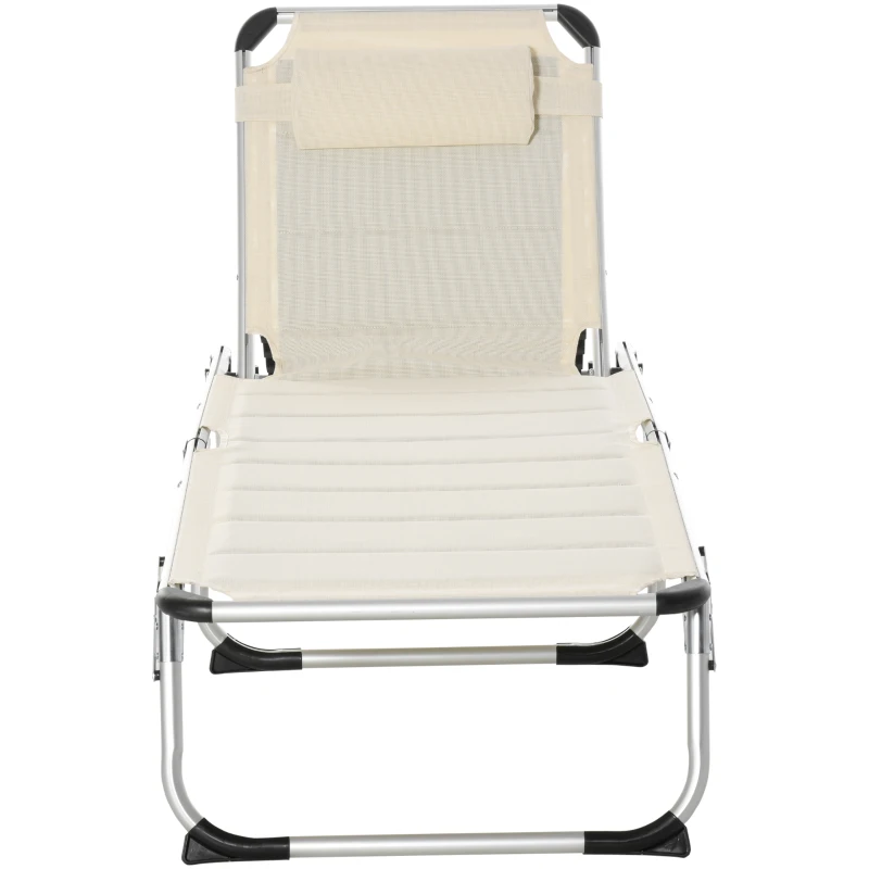 Outsunny Folding Lounge Chair Outdoor 5-Level Reclining Chaise Lounge Chair Outdoor Camping Tanning Chair with Aluminum Frame, Padding, and Headrest for Beach, Yard, Patio, Pool, White