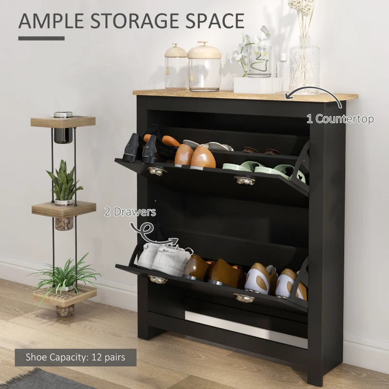HOMCOM Entryway Shoe Cabinet with 2 Flip Drawers and Adjustable Shelves, 12 Pair Shoe Storage Organizer for Hallway, Black