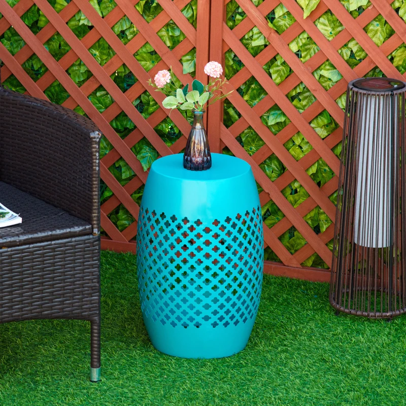 Outsunny 12" Steel Outdoor Side Table, Round Hollow Drum Patio End Table, Accent Table for Indoor and Outdoor, Blue