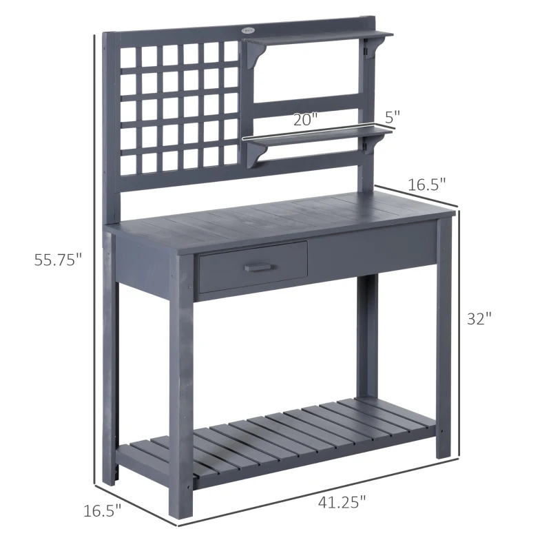 Outsunny Potting Bench Table, Garden Work Bench, Outdoor Wooden Workstation with Tiers of Shelves and Drawer, Grey