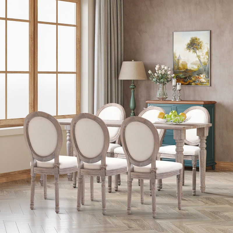 HOMCOM Vintage Armless Dining Chairs Set of 6, French Chic Side Chairs with Curved Backrest and Linen Upholstery for Kitchen, or Living Room, Cream White