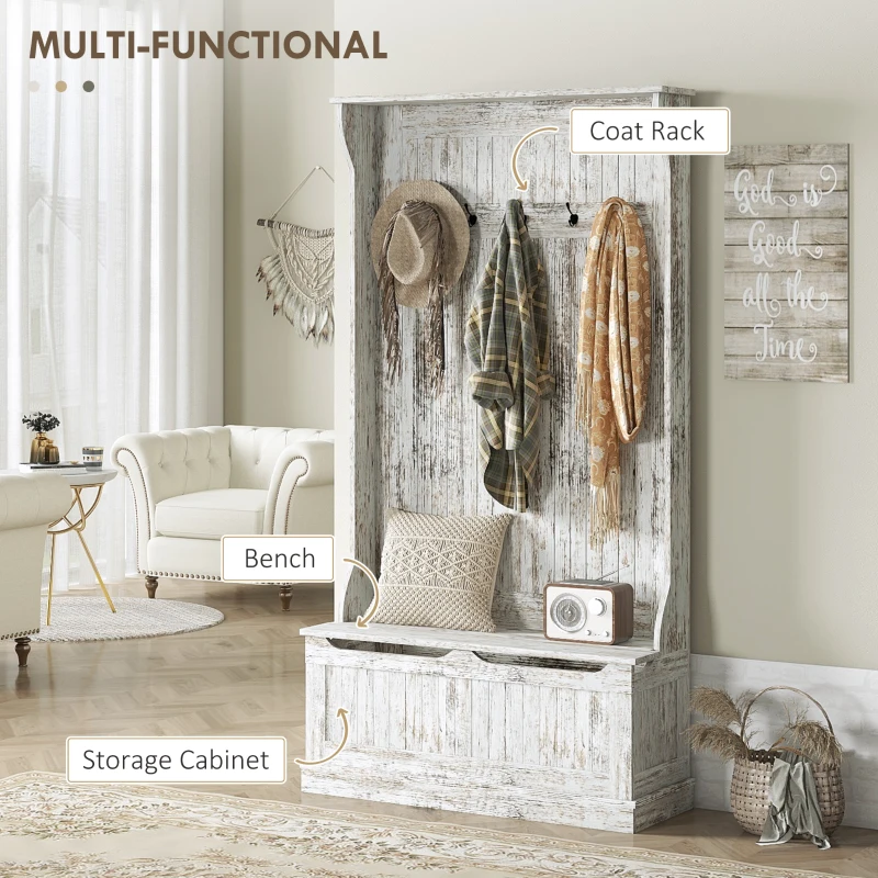 HOMCOM 3-In-1 Entryway Bench with Coat Rack, Hall Tree with Bench and Shoe Storage, 5 Hooks for Hallway Distressed White
