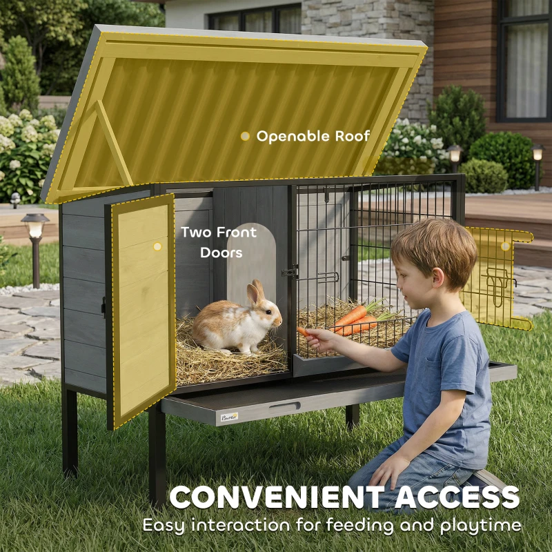 PawHut Elevated Rabbit Hutch Outdoor, Wooden Rabbit Cage Bunny House with Pull-out Tray and Openable Plastic Roof