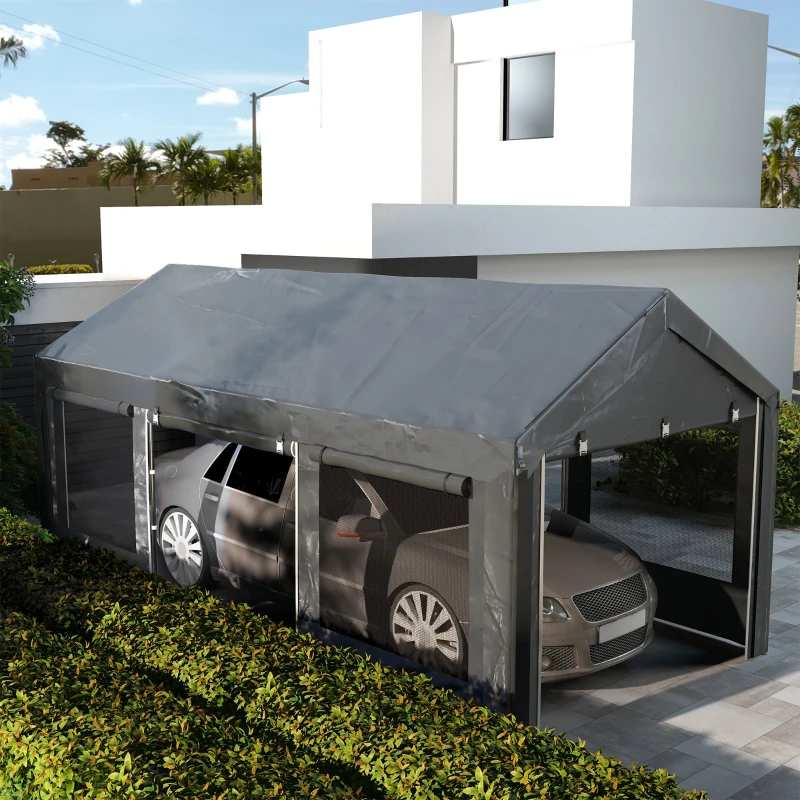 Outsunny 10' x 20' Carport, Heavy Duty Portable Garage, Height Adjustable, with 4 Mesh Windows and 4 Doors, Gray
