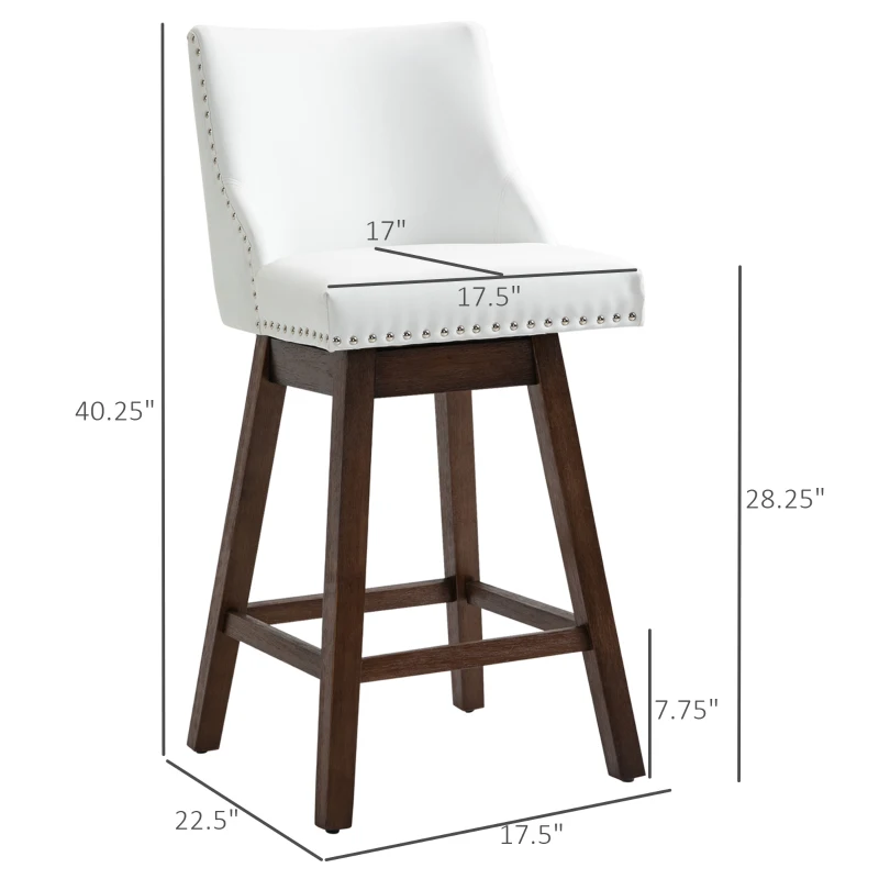 HOMCOM 28" Swivel Bar Height Bar Stools Set of 2, Armless PU Leather Upholstered Barstools Chairs with Nailhead Trim and Wood Legs, White