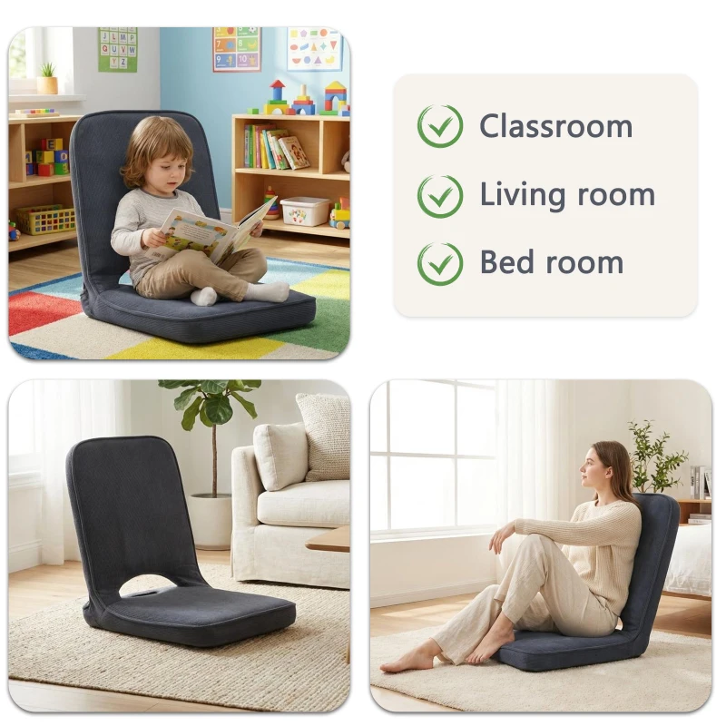 Floor Chair with Adjustable Back Support, Foldable Padded Gaming Floor Seat for Adults & Kids, Multi-Position Meditation Chair with Corduroy Cover for Reading, Gaming & Watching TV (Grey)