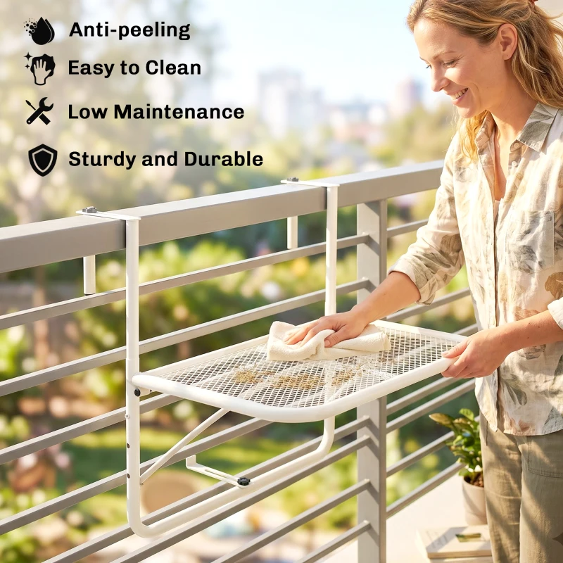 Outsunny Adjustable Balcony Hanging Railing Table, Metal Mounting Mini Wall Desk Storage Rack, Outdoor Flower Stand Serving Table Rectangle, White