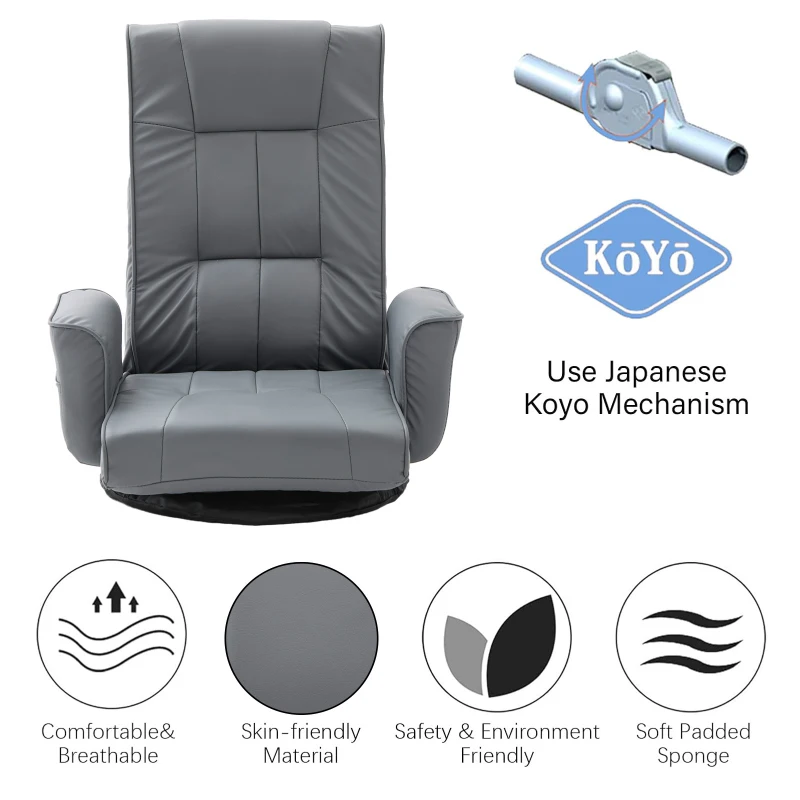 360 Degree Swivel Floor Chairs for Adults, Faux Leather Gaming Floor Chair with Back Support, 14 Angles Adjustable Comfortable Floor Lounge Chair Folding Video Game Chairs Office Bedroom