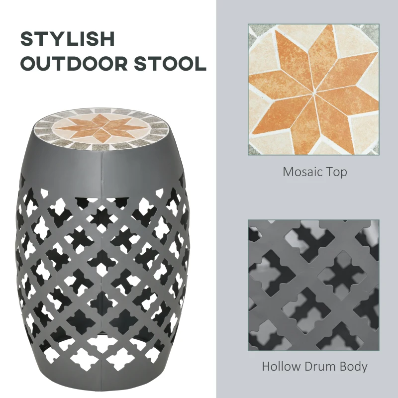 Outsunny Decorative Outdoor Stool, 12" Round Patio Side Table, Mosaic Accent Plant Stand for Garden, Balcony, Gray