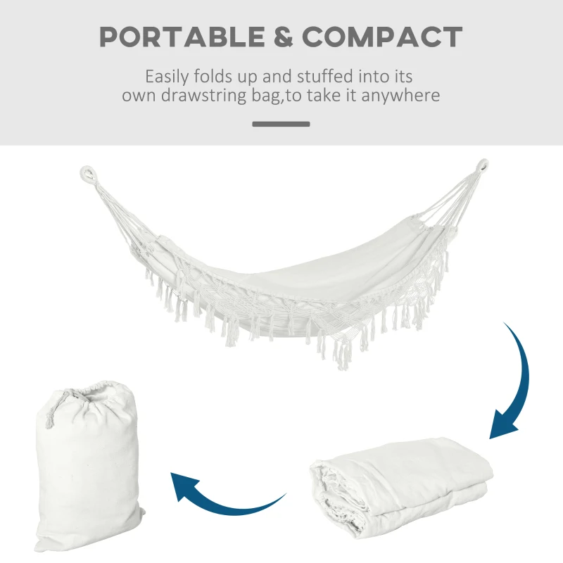 Outsunny Extra Large Boho Hammock with Macrame Tassel Fringe, Includes Carrying Bag, Indoor Outdoor Tree Hammock, White