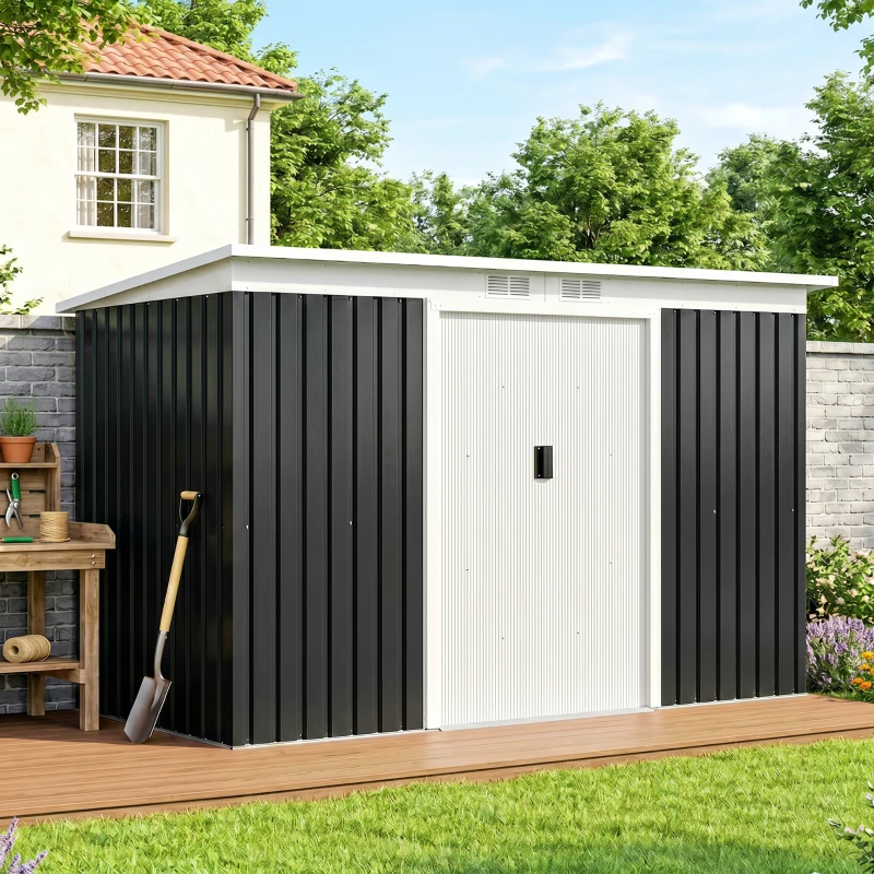 Outsunny 9' x 4' Metal Outdoor Storage Shed, Tool House with Double Lockable Doors for Backyard, Patio, Lawn, Garage, Dark Gray